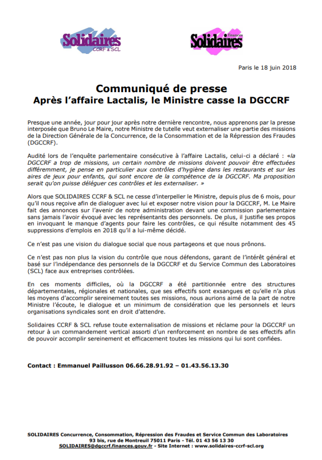 Lire la suite à propos de l’article Communiqué de presse: Après l’affaire Lactalis, le Ministre casse la DGCCRF