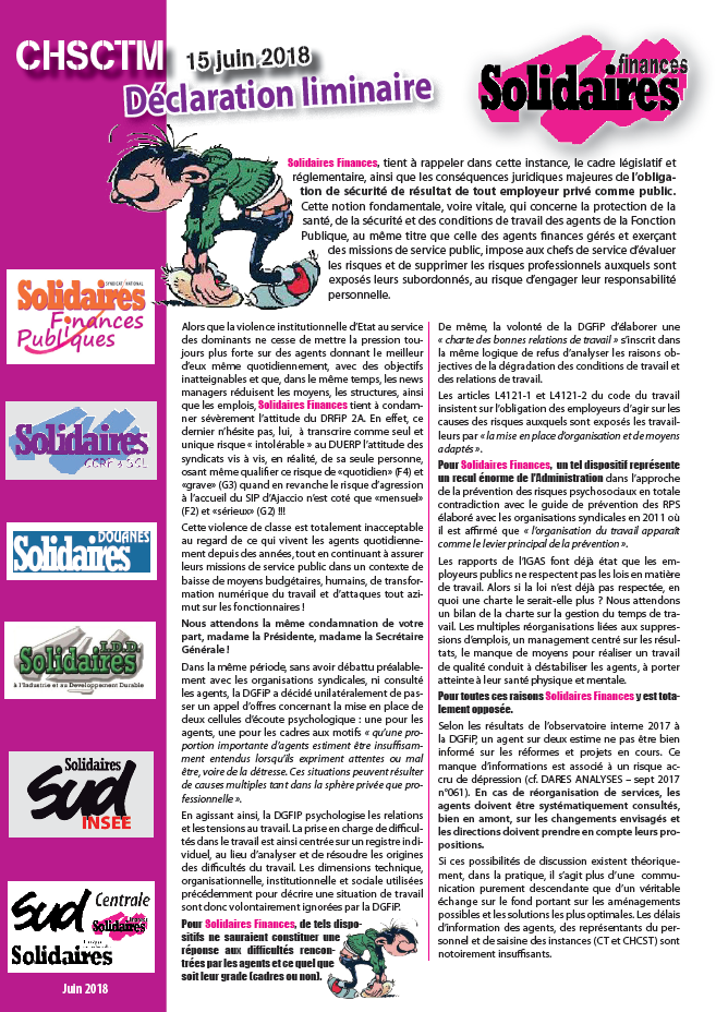 Lire la suite à propos de l’article CHSCTM du 15 Juin 2018 – Déclaration liminaire