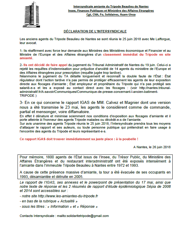 Lire la suite à propos de l’article Déclaration de l’Intersyndicale Amiante du Tripode Beaulieu de Nantes