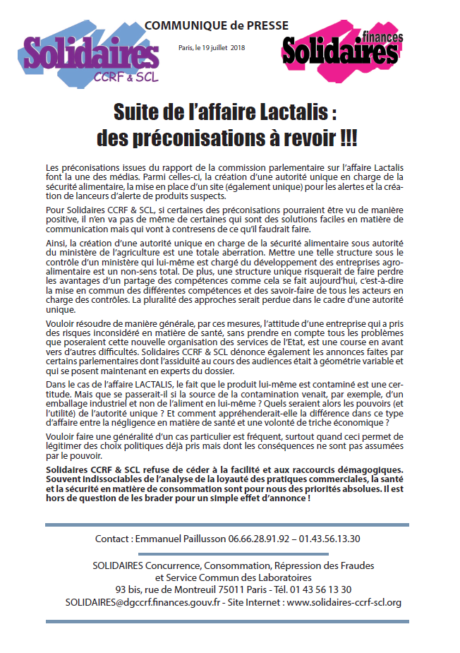 Lire la suite à propos de l’article Suite de l’affaire Lactalis : des préconisations à revoir !!!