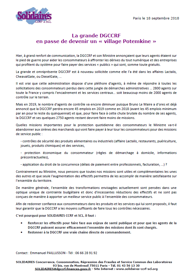 Lire la suite à propos de l’article Communiqué de presse de Solidaires CCRF et SCL à la suite du rapport parlementaire sur l’affaire Lactalis