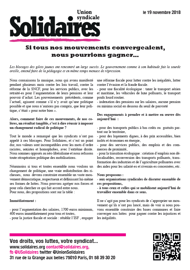 Lire la suite à propos de l’article Mouvement du 17 novembre : Expression de l’Union syndicale Solidaires.
