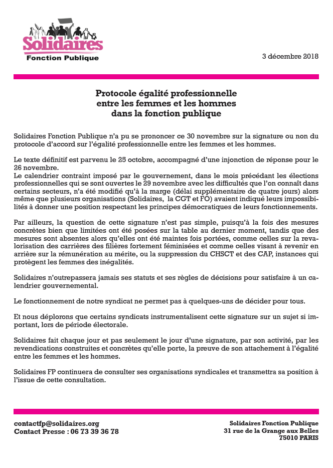 Lire la suite à propos de l’article Protocole concernant l’Egalité professionnelle : Un enjeu qui nécessite de prendre le temps de la consultation démocratique !