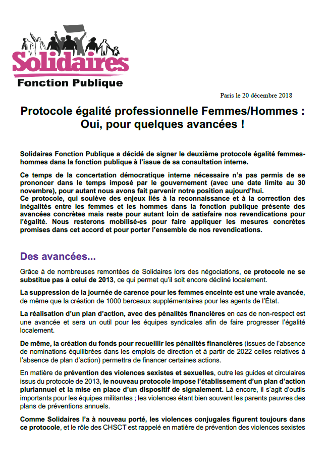 Lire la suite à propos de l’article Protocole égalité professionnelle Femmes/Hommes : Oui, pour quelques avancées !