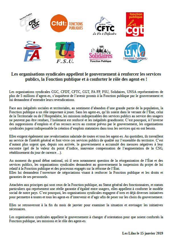 Lire la suite à propos de l’article Les organisations syndicales appellent le gouvernement à renforcer les services publics, la Fonction publique et à conforter le rôle des agent.e.s !