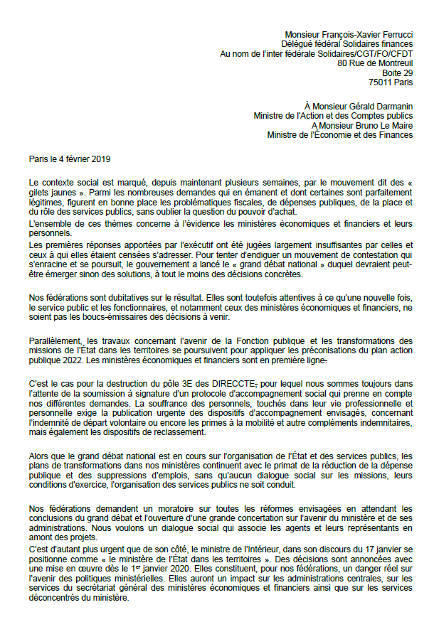 Lire la suite à propos de l’article L’Interfédérale Finances Solidaires, CGT, FO et CFDT  s’adresse aux  ministres.