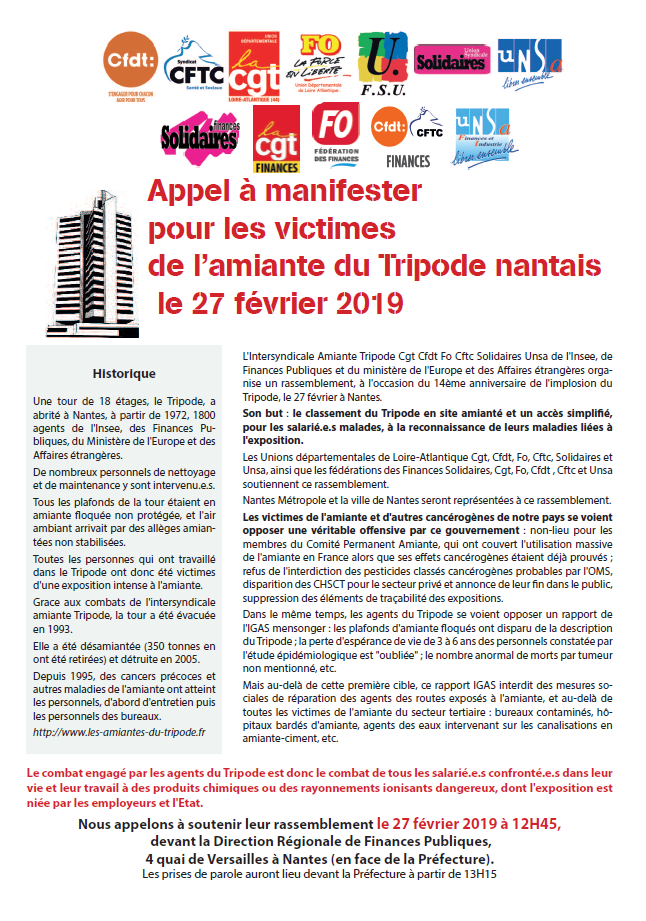 Lire la suite à propos de l’article 27 février 2019 : Appel à manifester pour les victimes de l’amiante du Tripode nantais