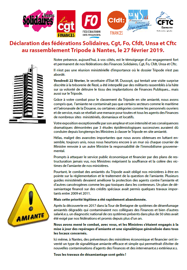 Lire la suite à propos de l’article Déclaration des fédérations des Finances Solidaires, Cgt, Fo, Cfdt, Unsa et Cftc au rassemblement Tripode à Nantes,ce 27 février 2019.