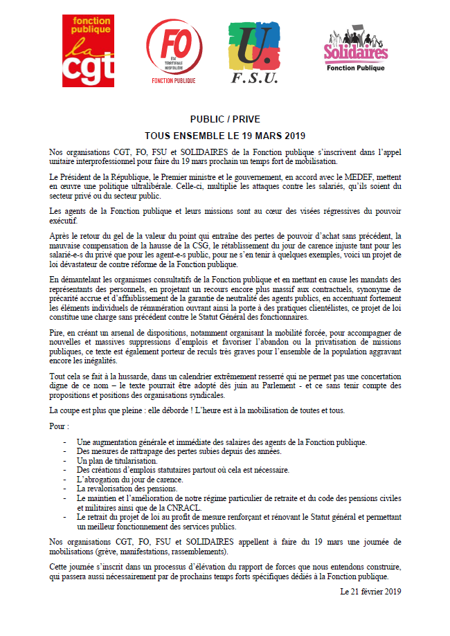 Lire la suite à propos de l’article 19 mars : Appel intersyndical Fonction Publique CGT/FO/FSU/SOLIDAIRES à la journée de grève et mobilisations
