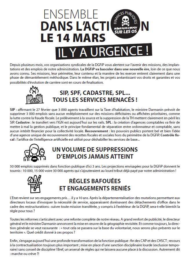 Lire la suite à propos de l’article Finances Publiques 14 mars ENSEMBLE IL Y A URGENCE !