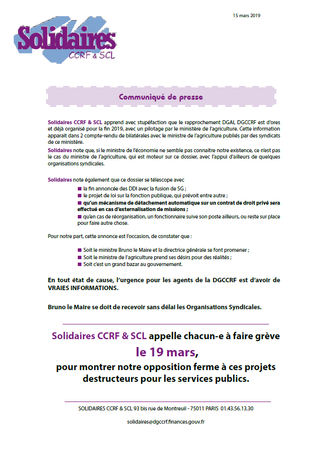 Lire la suite à propos de l’article 19 mars – Appel de Solidaires CCRF & SCL