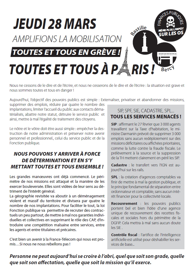 Lire la suite à propos de l’article Le 28 mars  à la DGFiP :  Appel intersyndical à l’amplification du mouvement