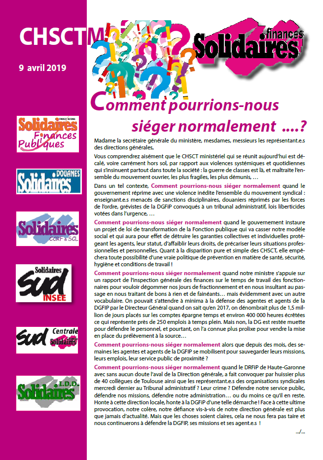 Lire la suite à propos de l’article CHSCTM du 9 avril : en attendant le compte rendu , notre liminaire