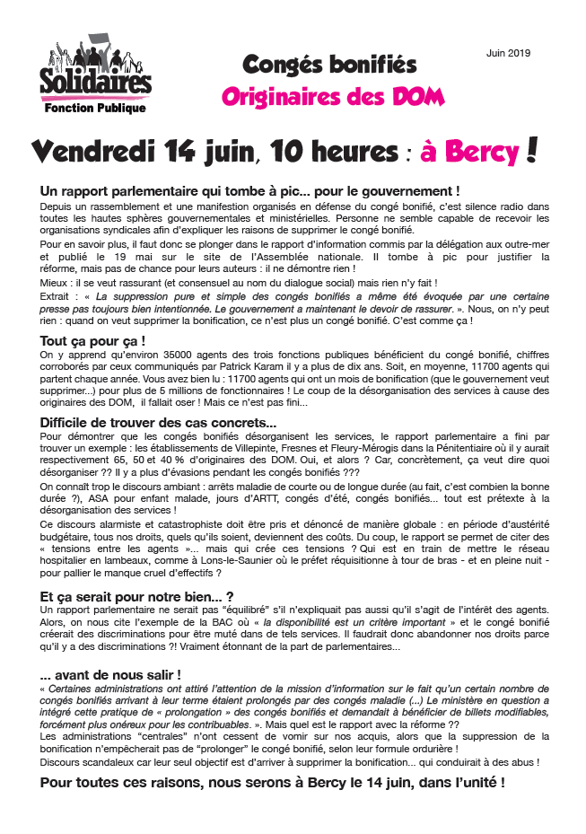 Lire la suite à propos de l’article Appel à la journée du 14 juin contre la réforme des congés bonifiés.