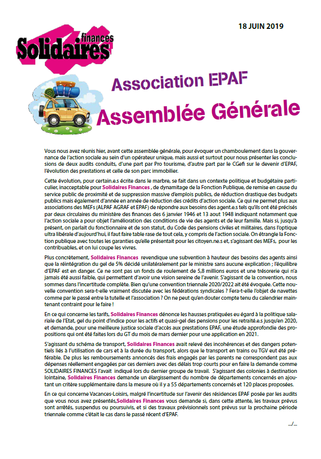 Lire la suite à propos de l’article EPAF – Notre liminaire à l’Assemblée Générale du 18 juin 2019