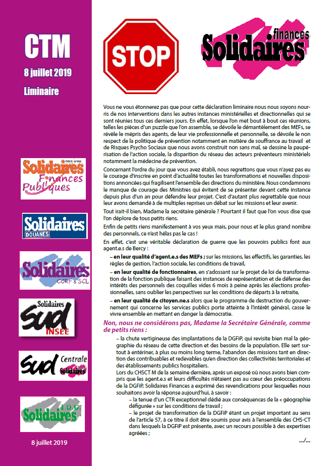 Lire la suite à propos de l’article Notre déclaration liminaire lors du CTM du 8 juillet 2019