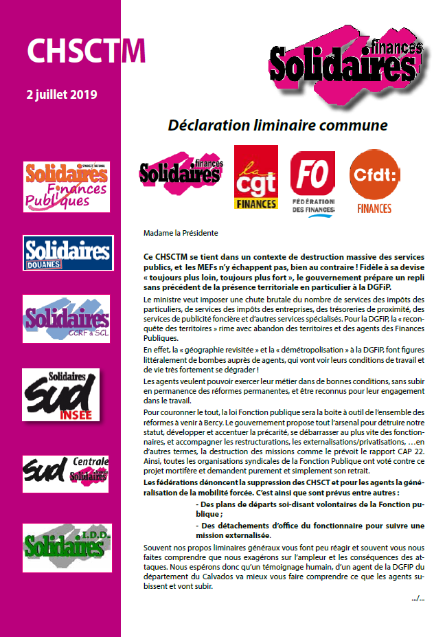 Lire la suite à propos de l’article Déclaration commune des fédérations au CHSCTM du 2 Juillet