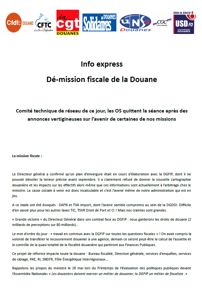 Lire la suite à propos de l’article CTR Douanes les organisations syndicales quittent la séance !