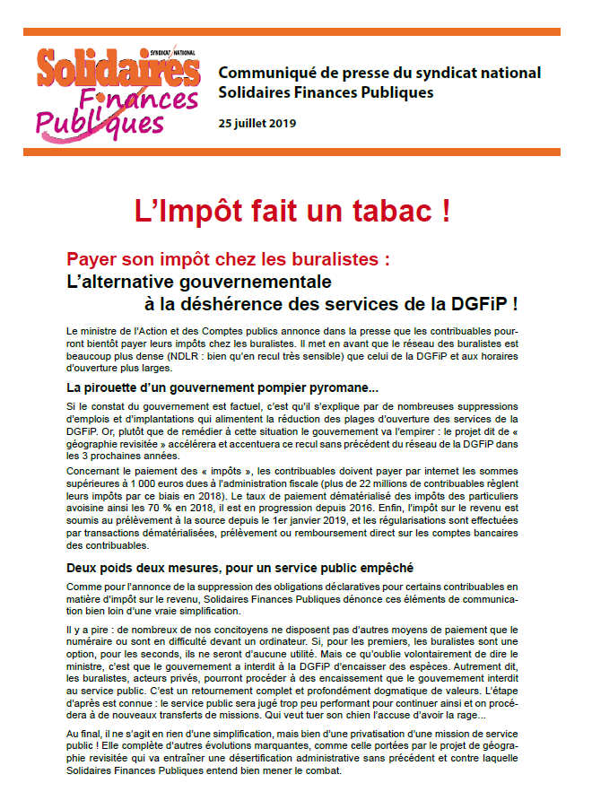 Lire la suite à propos de l’article Communiqué Solidaires Finances Publiques : L’impôt fait un tabac !