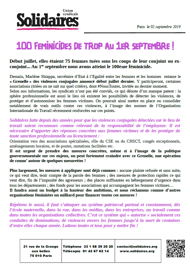 Lire la suite à propos de l’article 100 FEMINICIDES DE TROP AU 1ER SEPTEMBRE !