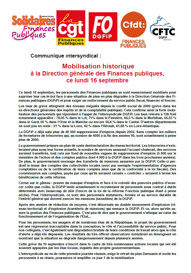 Lire la suite à propos de l’article 16 septembre : Mobilisation historique à la Direction générale des Finances publiques !