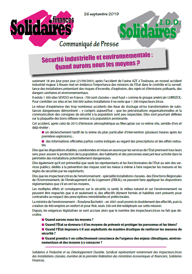 Lire la suite à propos de l’article Communiqué de Presse : Sécurité industrielle et environnementale : Quand aurons nous les moyens ?