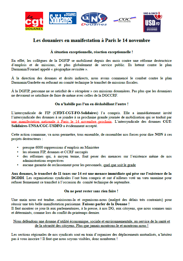Lire la suite à propos de l’article 14 novembre : Les douaniers et douanières en manifestation à Paris