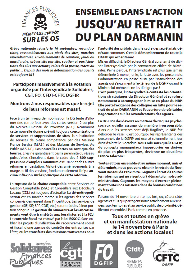 Lire la suite à propos de l’article DGFiP 14 Novembre : ENSEMBLE DANS L’ACTION JUSQU’AU RETRAIT DU PLAN DARMANIN