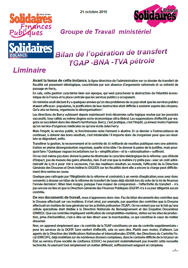 Lire la suite à propos de l’article Liminaire au groupe de travail  Bilan de l’opération de transfert TGAP- BNA -TVA pétrole