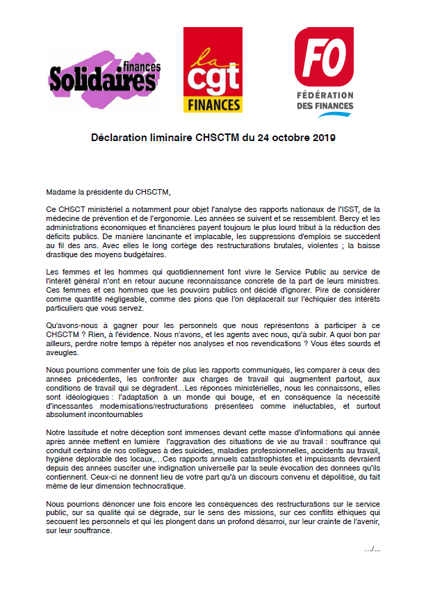 Lire la suite à propos de l’article CHSCTM du 24 octobre :  Déclaration des fédération Solidaires , CGT et FO