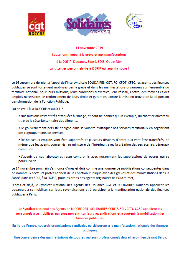 Lire la suite à propos de l’article 14 novembre: la lutte des agent.e.s de la DGFiP  est aussi  celle des  agent.e.s de la CCRF