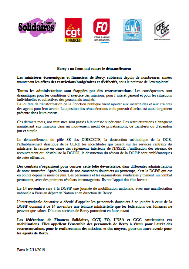 Lire la suite à propos de l’article 14 novembre à Bercy : un front uni contre le démantèlement