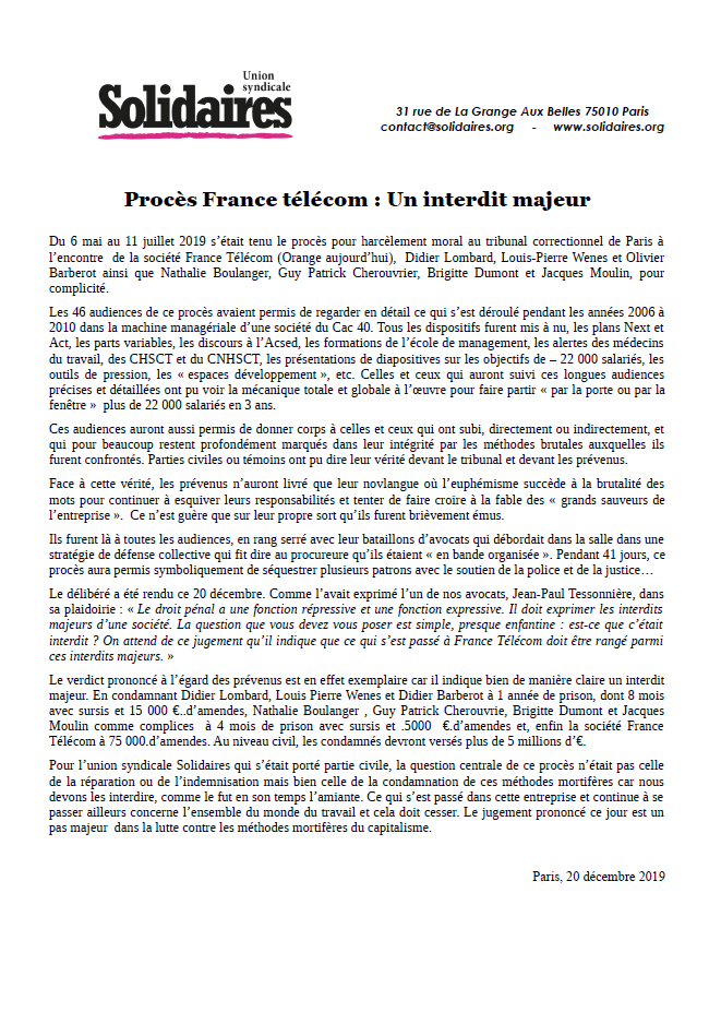 Lire la suite à propos de l’article Procès France télécom : Un interdit majeur