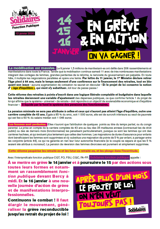 Lire la suite à propos de l’article 14 15 16 janvier En grève et dans l’action pour GAGNER !