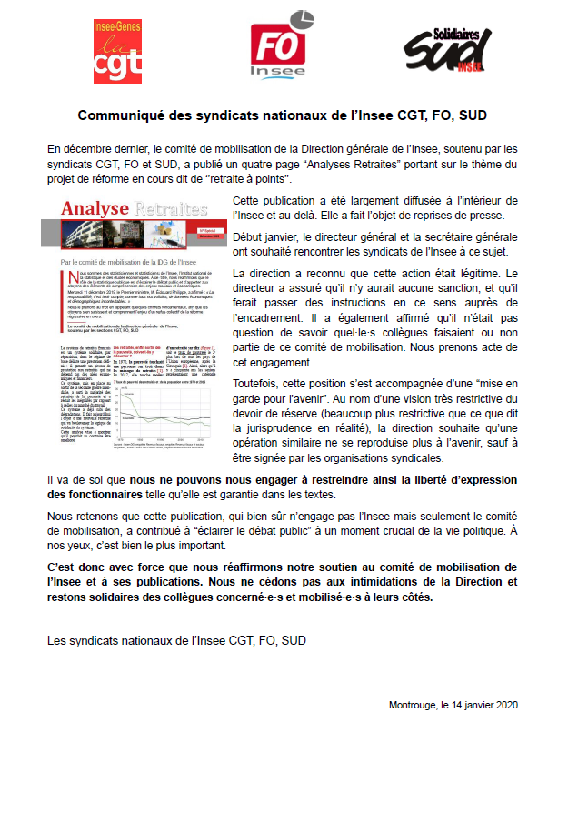Lire la suite à propos de l’article Communiqué des syndicats nationaux de l’Insee CGT, FO, SUD