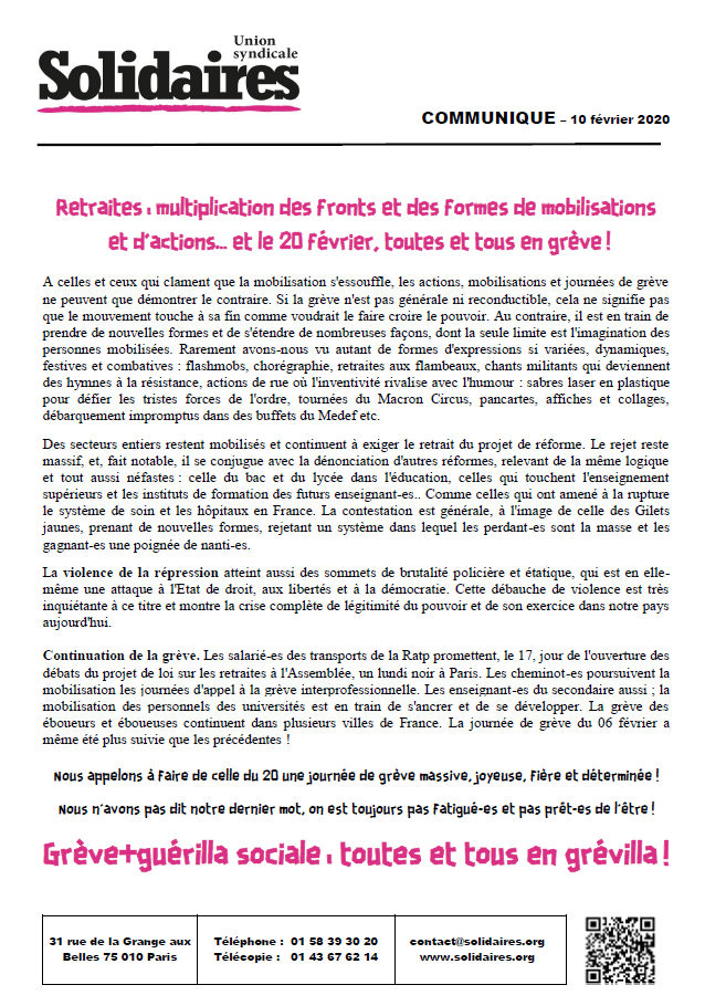 Lire la suite à propos de l’article Retraites : 20 février, toutes et tous en grève !