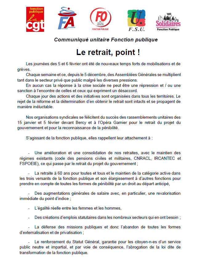 Lire la suite à propos de l’article Communiqué unitaire Fonction publique : Le retrait, point !