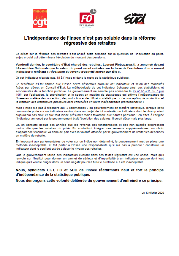 Lire la suite à propos de l’article L’indépendance de l’Insee n’est pas soluble dans la réforme régressive des retraites