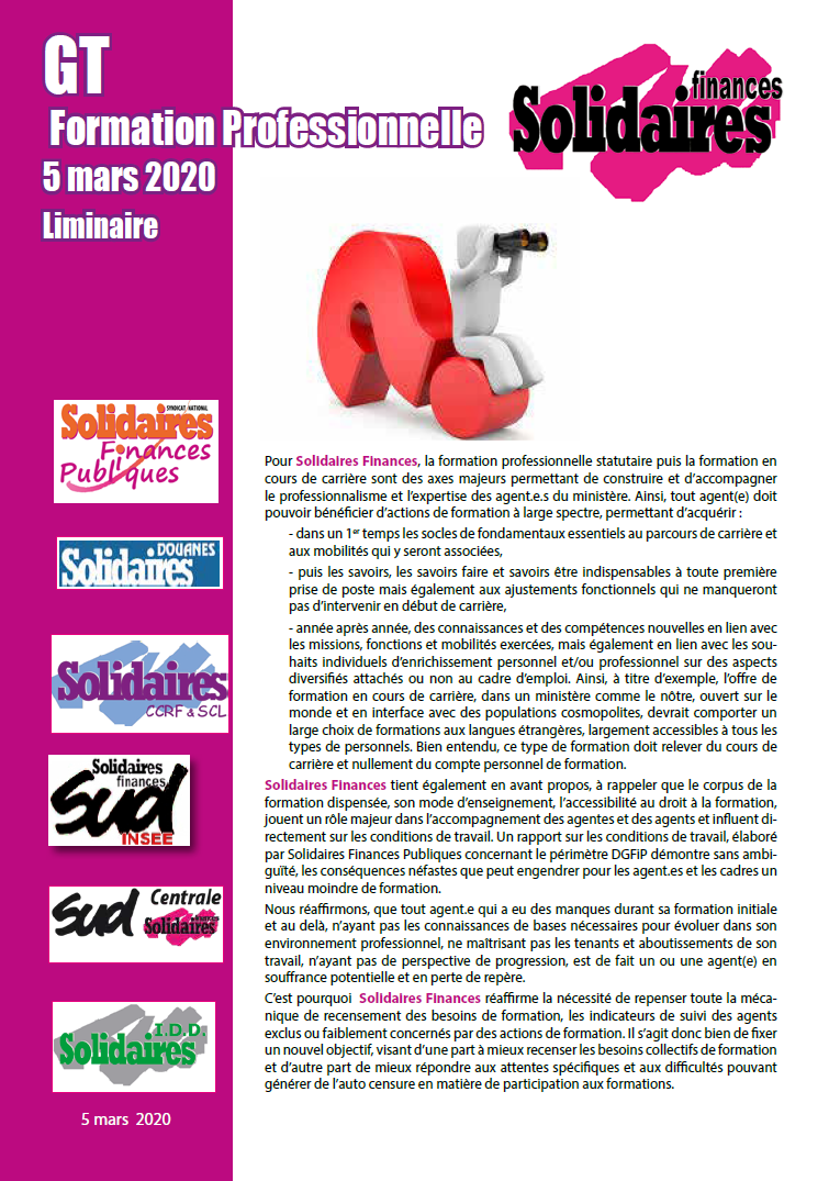 Lire la suite à propos de l’article Liminaire au groupe de travail Formation professionnelle du 5 mars