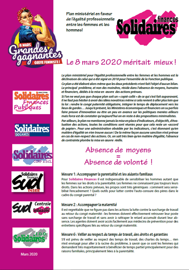 Plan Egalité professionnelle : Manque de moyens, manque de volonté politique !