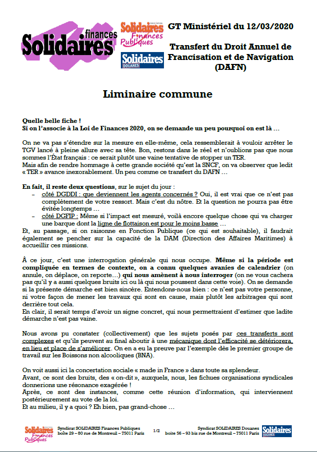 Lire la suite à propos de l’article Liminaire Solidaires au GT Transfert du Droit Annuel de Francisation et de Navigation (DAFN)