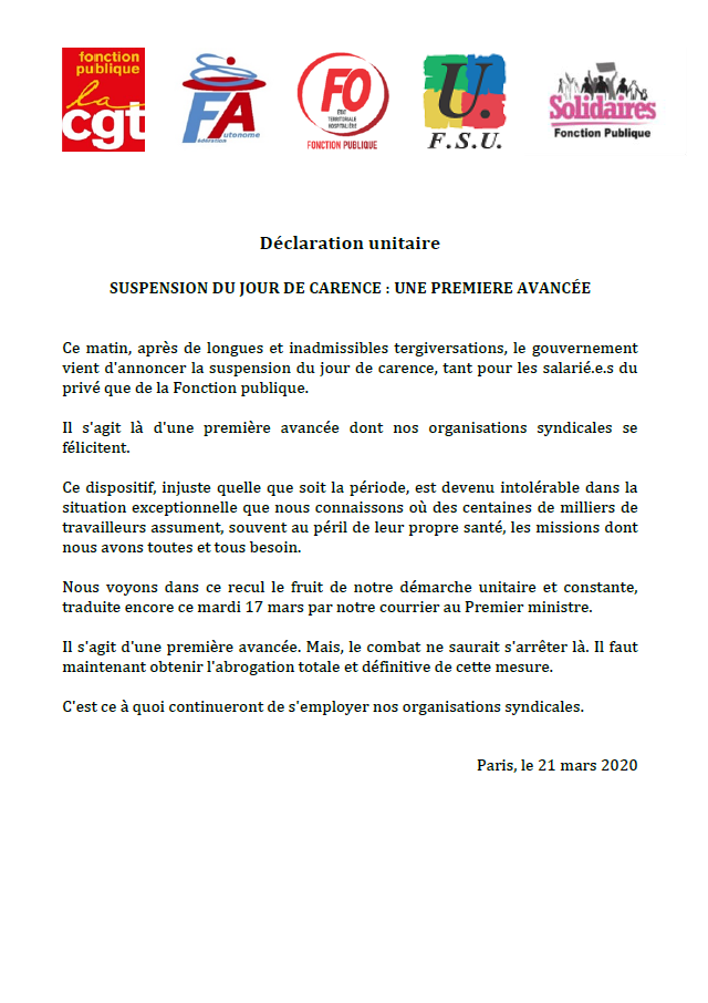 Lire la suite à propos de l’article Suspension du jour de carence : une première avancée !