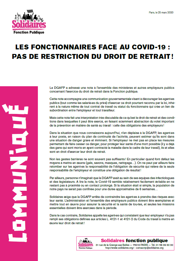 Lire la suite à propos de l’article Communiqué Solidaires FP: Pas de restriction au droit de retrait.