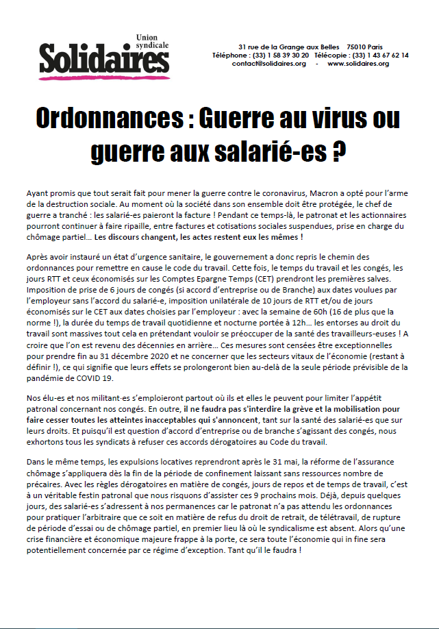 Lire la suite à propos de l’article Ordonnances : Guerre au virus ou  guerre aux salarié-es ?