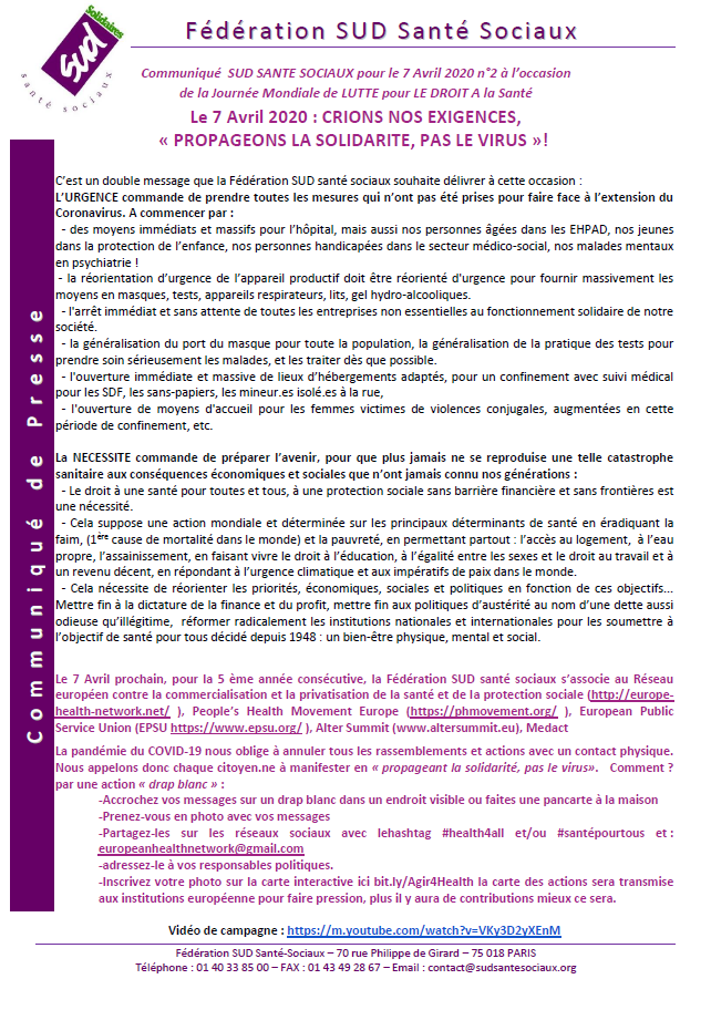 Lire la suite à propos de l’article 7 Avril 2020 :Contre la marchandisation de la santé