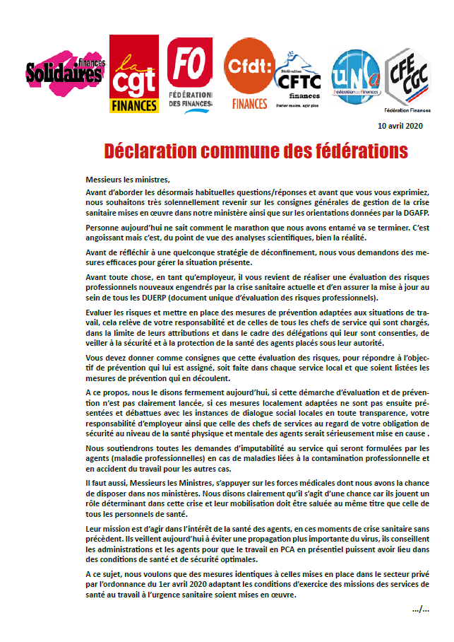 Lire la suite à propos de l’article Audio conférence du 10 avril avec les ministres : Déclaration commune des fédérations des Finances