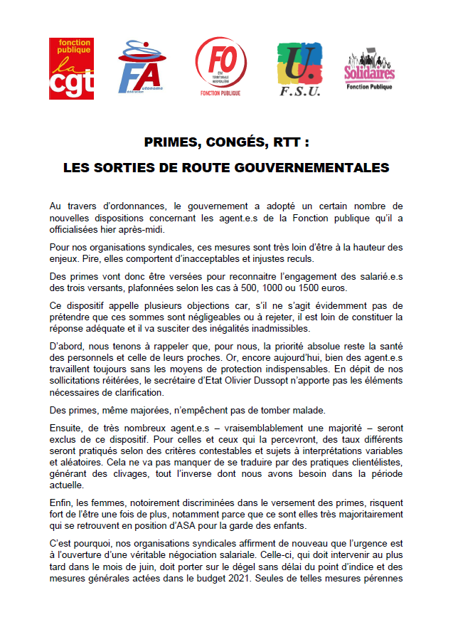 Lire la suite à propos de l’article Primes, Congés, RTT, : Les sorties de route gouvernementales !