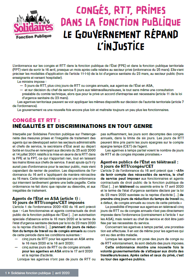 Lire la suite à propos de l’article Congés, RTT, Primes  le gouvernement répand l’injustice.
