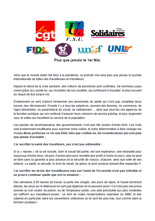 Lire la suite à propos de l’article Plus que jamais le 1er Mai !