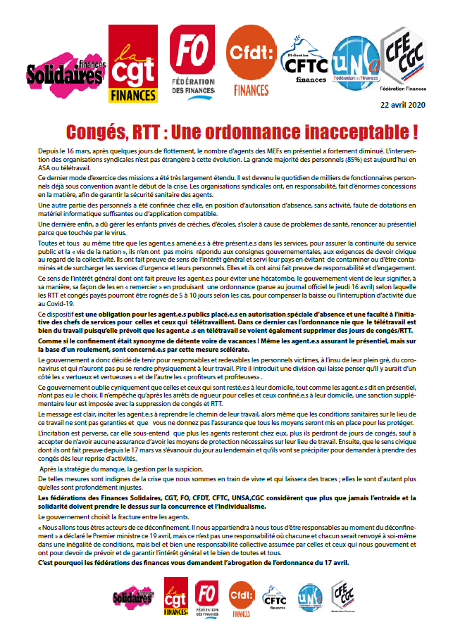 Lire la suite à propos de l’article Congés, RTT : Une ordonnance inacceptable !